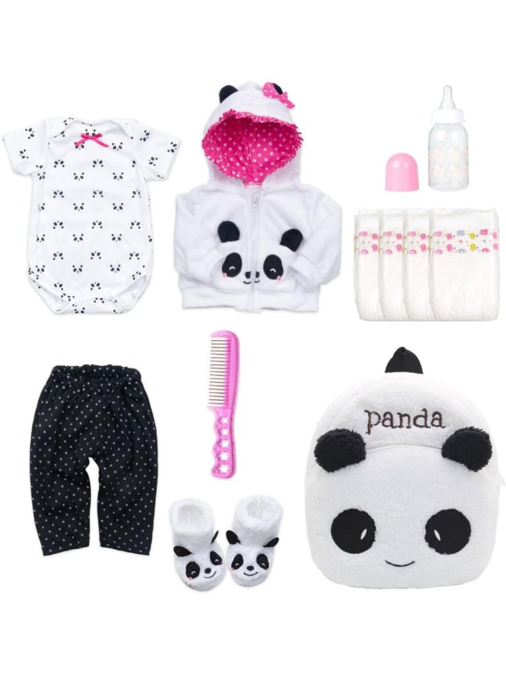 11pc Panda Doll Clothes Set Backpack Shoes Diapers for 17-19in Doll